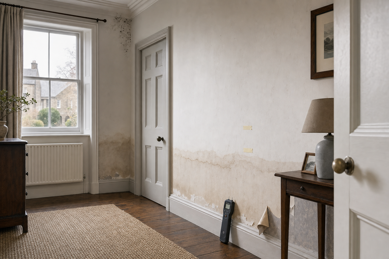 Interior room with walls showing water damage and mould, featuring a hygrometer and a table with a lamp.