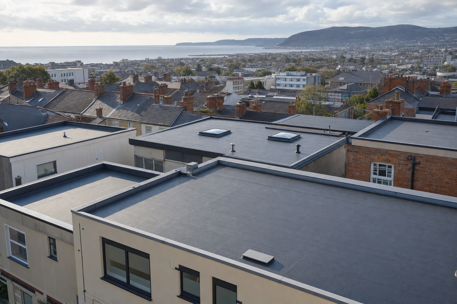 Flat rooftops and chimneys with a distant view of a coastline and hills under a partly cloudy sky.
