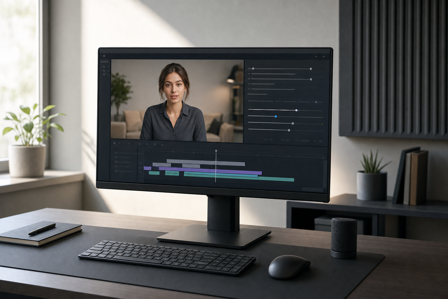 Computer monitor on desk displaying video editing software with a woman's image.