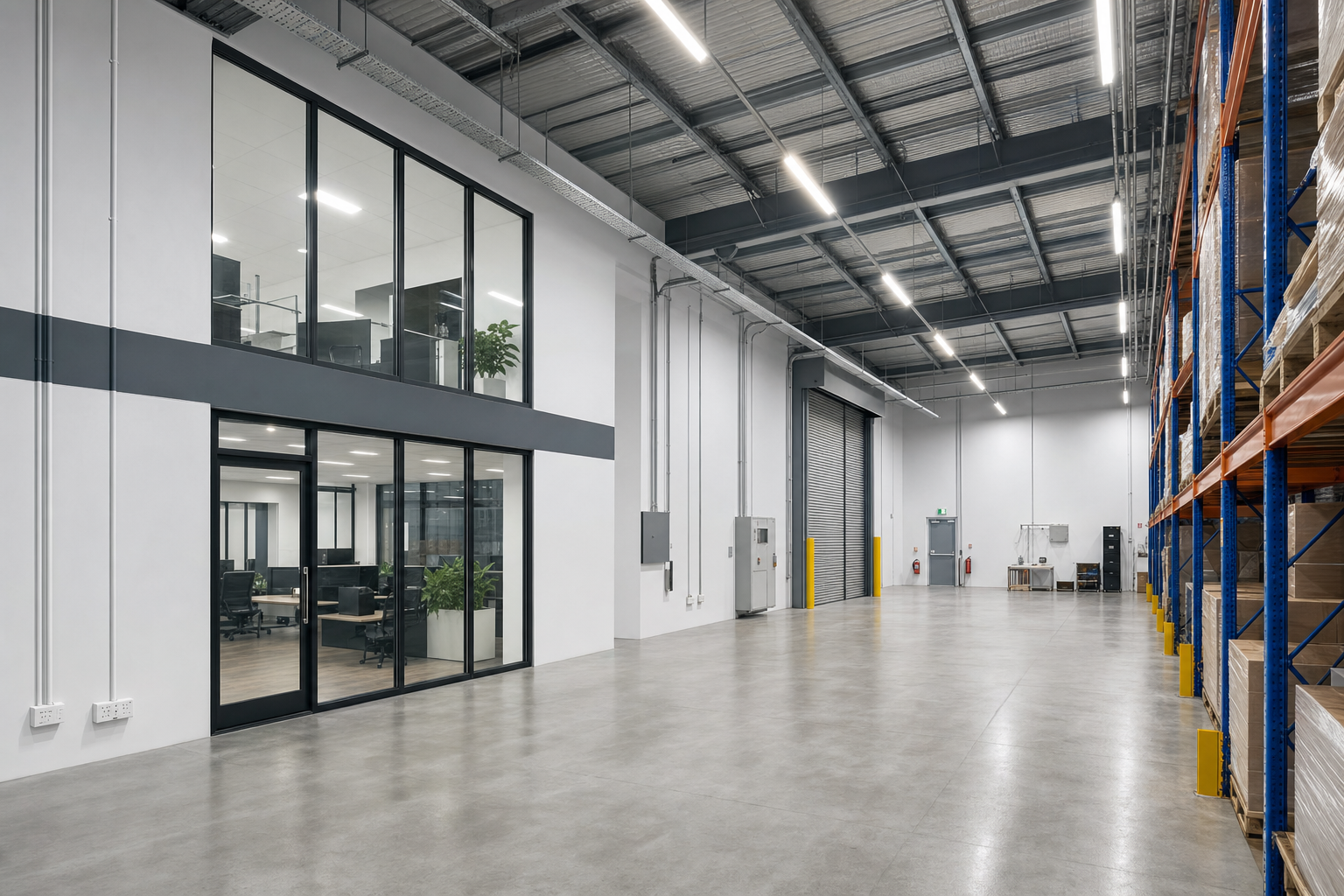 Spacious warehouse interior with high ceiling, office spaces on the left, and storage racks on the right.