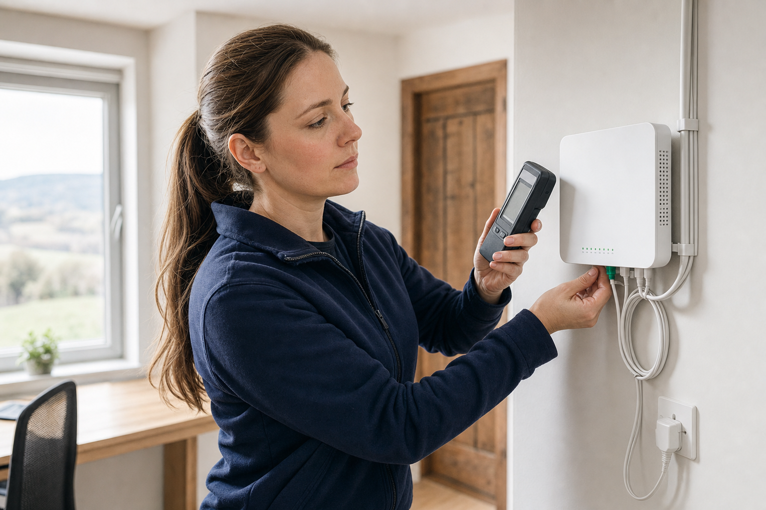 A woman in a blue jacket tests a network connection on a wall-mounted device in a home office setting.