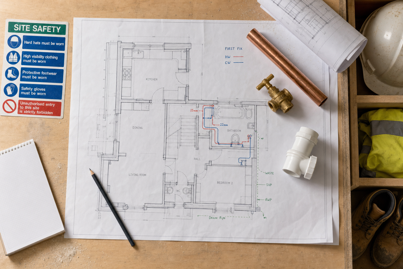 Architectural floor plan with plumbing details on a workbench, surrounded by safety equipment and construction tools.