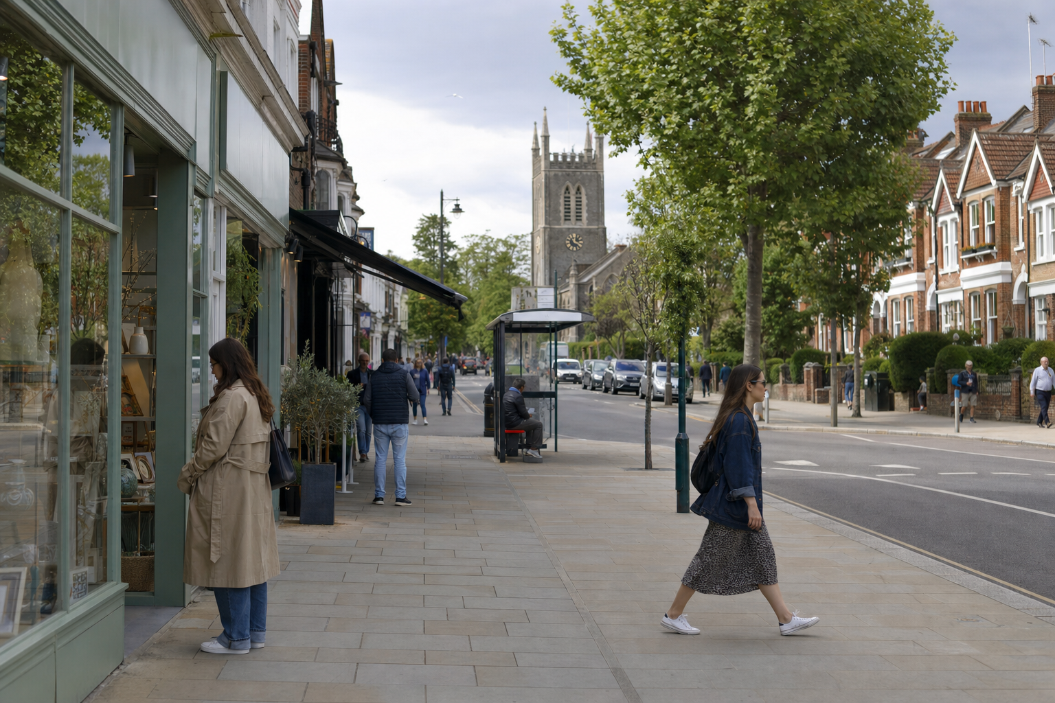 People walking along a quaint high street with a church tower in the background.