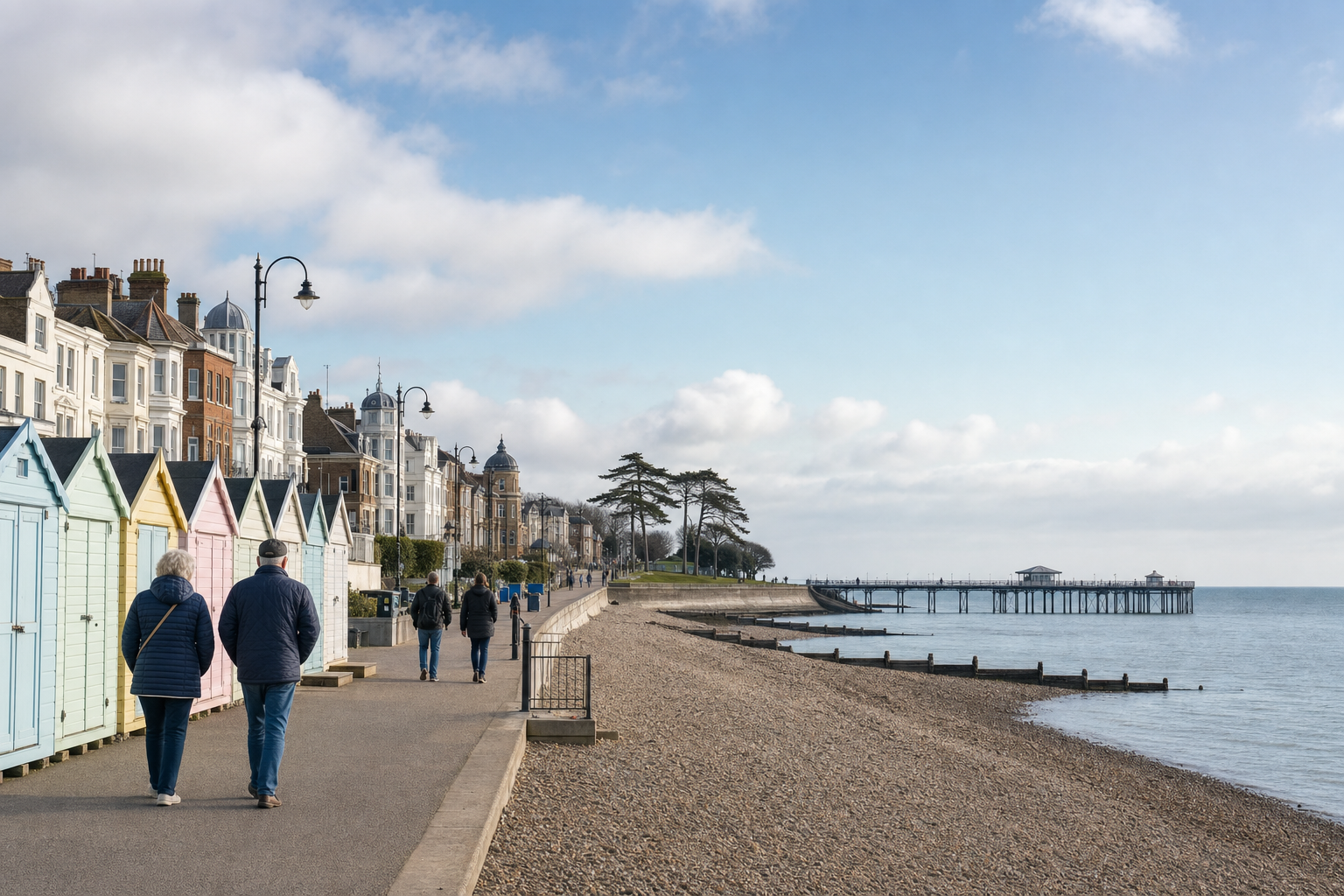 People walking along a seaside promenade with colourful beach huts and a distant pier under a partly cloudy sky.