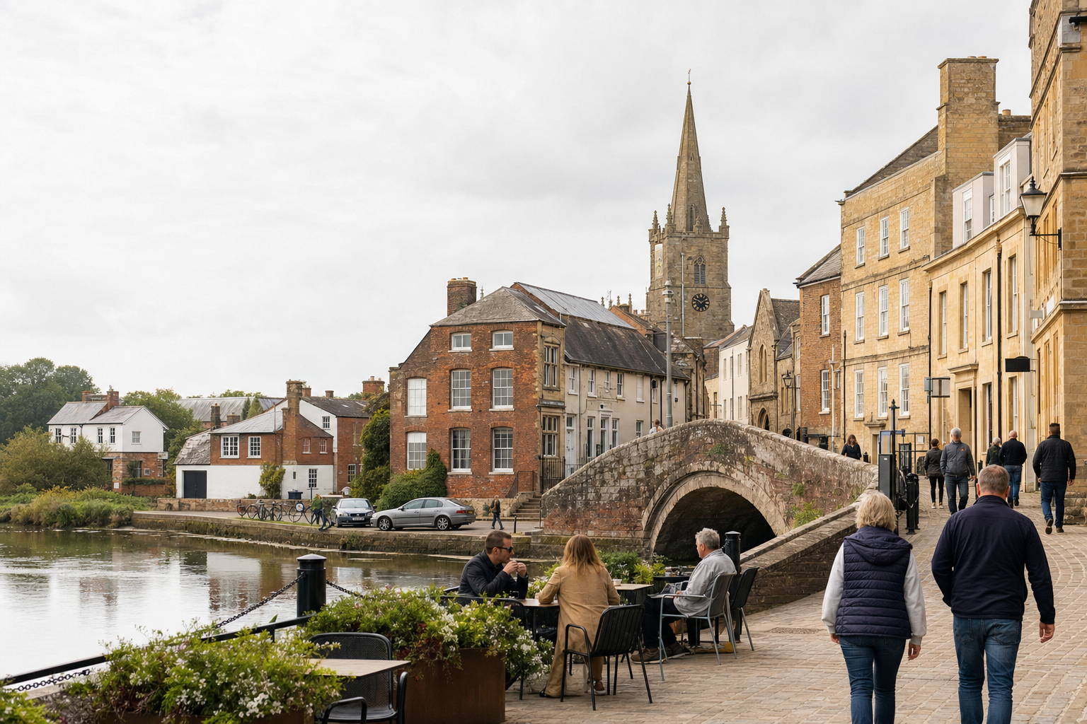 People strolling and dining by a picturesque riverfront with historic buildings and a stone bridge.