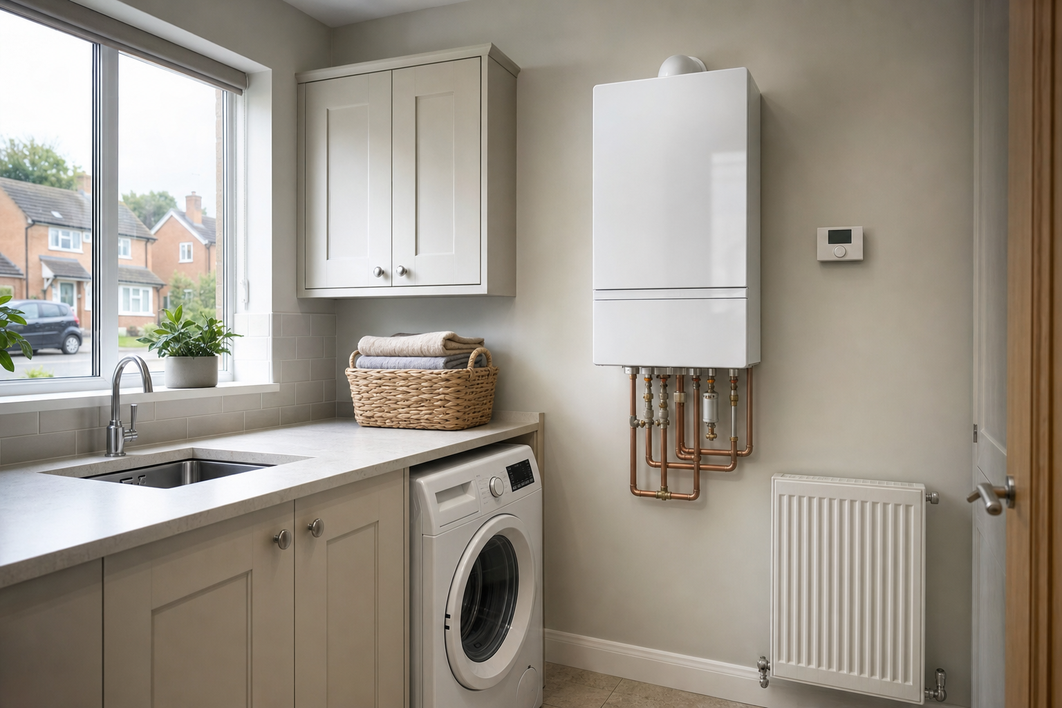 Modern utility room with a washing machine, white cabinets, a sink, and a wall-mounted boiler.