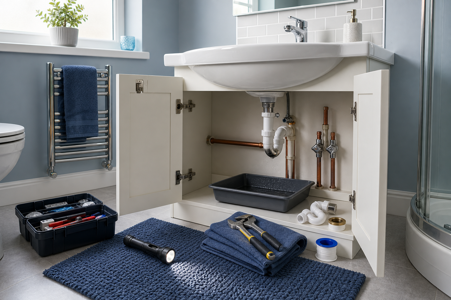 Bathroom sink cabinet open with plumbing tools and supplies on a blue mat.