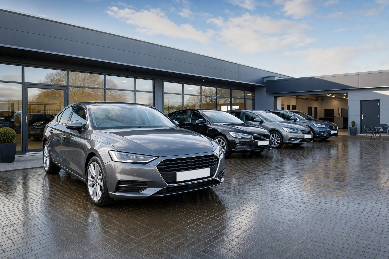 A row of modern cars parked outside a dealership with large windows and a clear sky overhead.