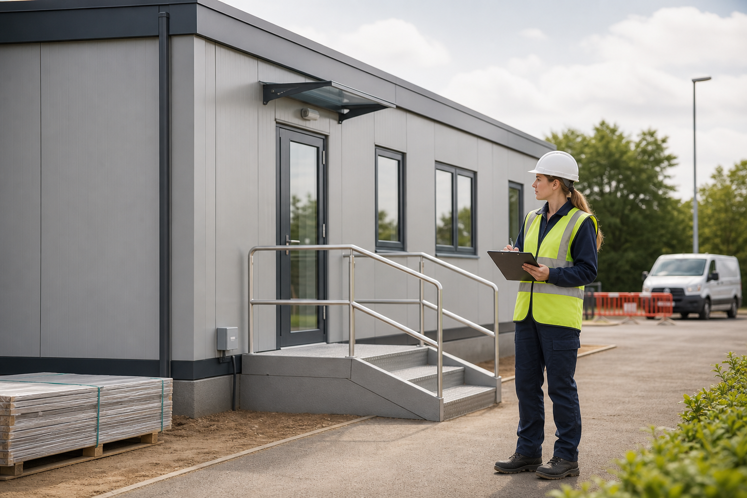 Construction worker in a safety vest and hard hat inspects a modular building with a clipboard.