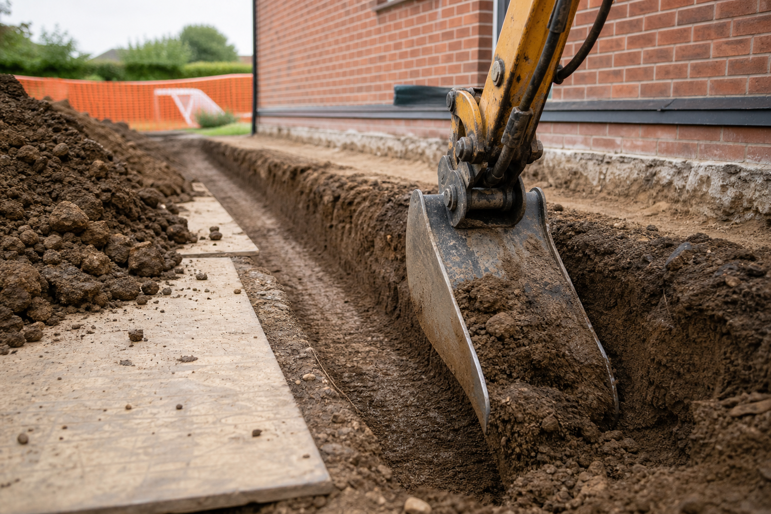 Excavator digging a narrow trench beside a brick building, with soil piled along wooden boards.