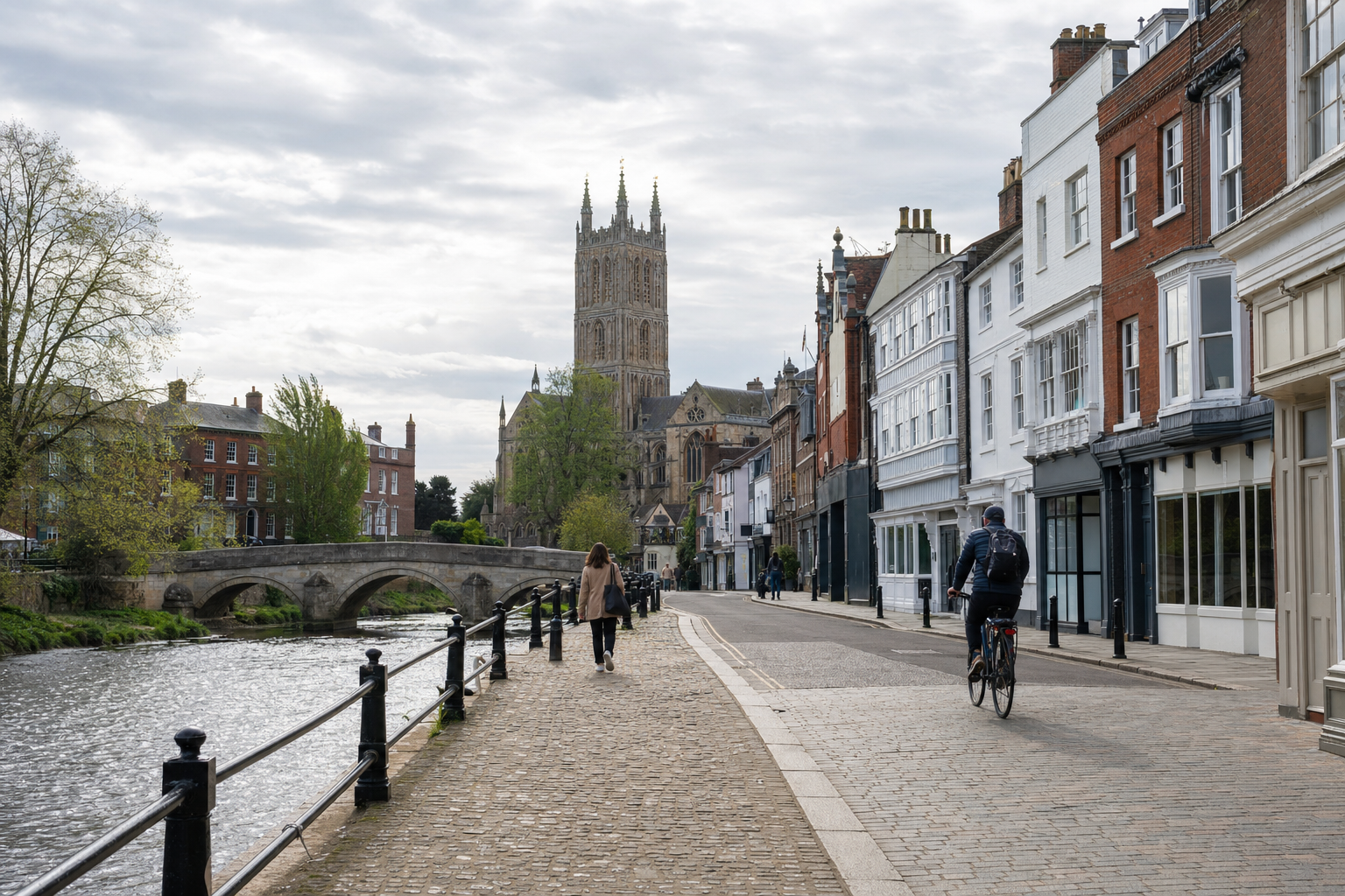 A riverside street scene with a cyclist, pedestrian, and historic buildings leading to a cathedral in the background.