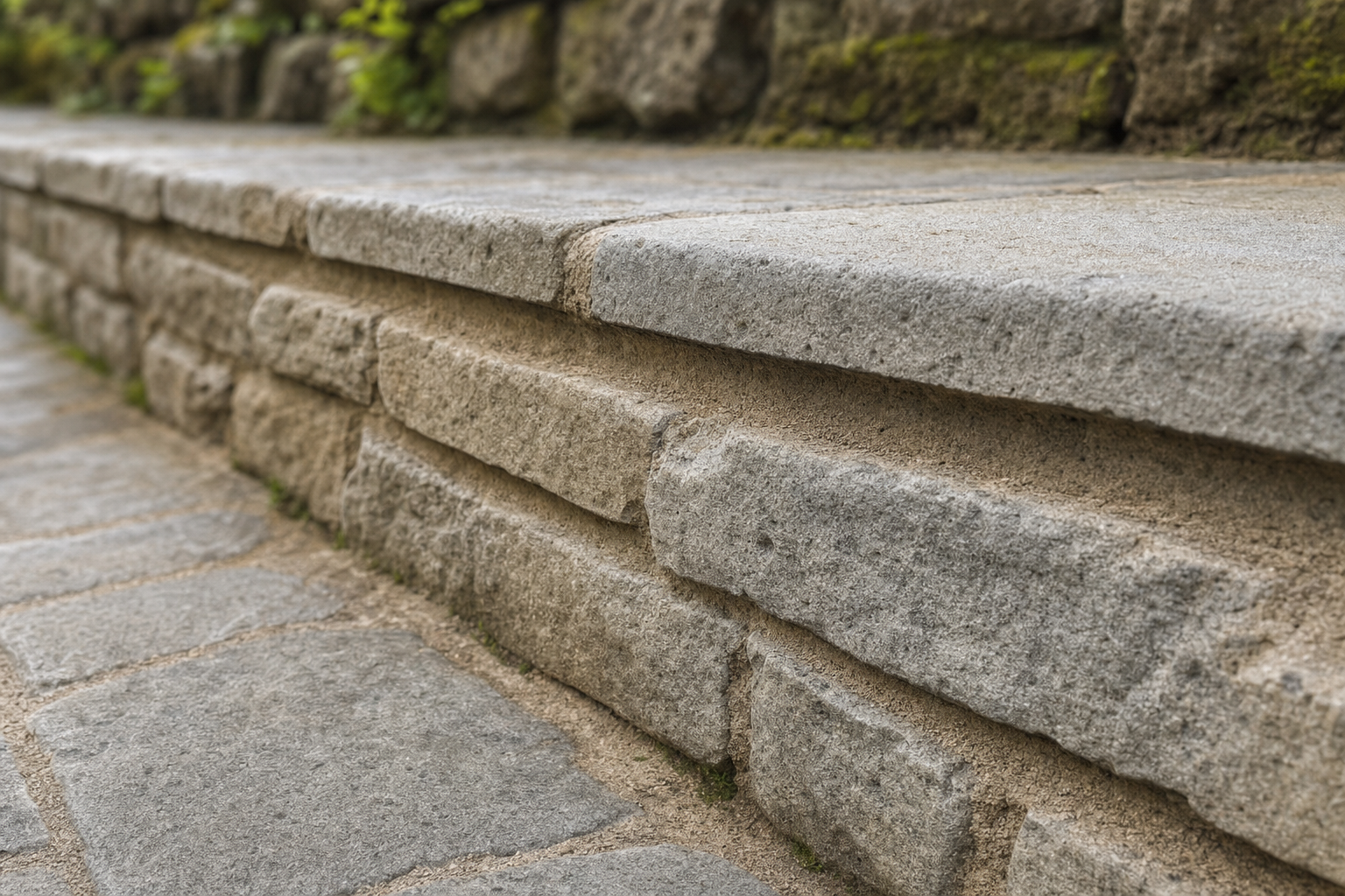 Close-up of a stone wall with a paved path beside it and greenery in the background.