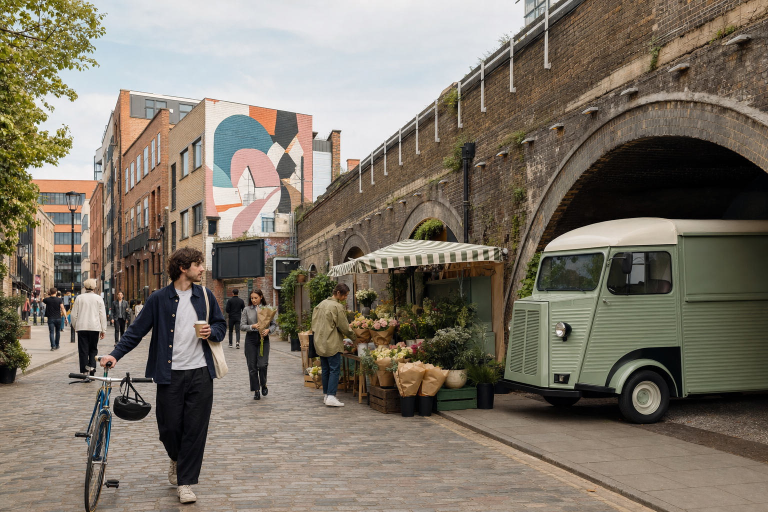 People walk past a flower stall and vintage van under a railway arch on a cobbled street with modern murals.