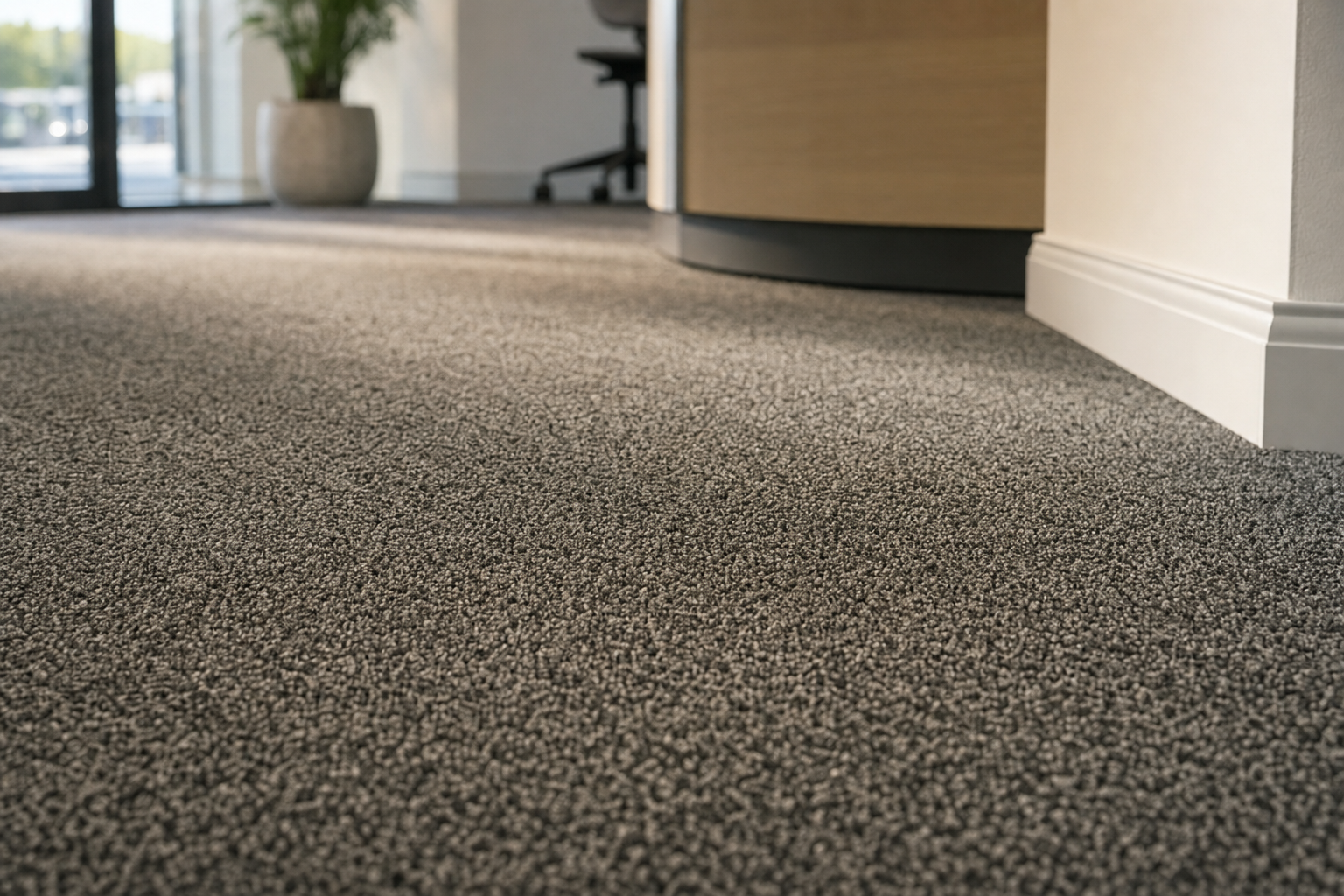Close-up of a grey carpeted floor in an office with a curved desk and potted plant in the background.