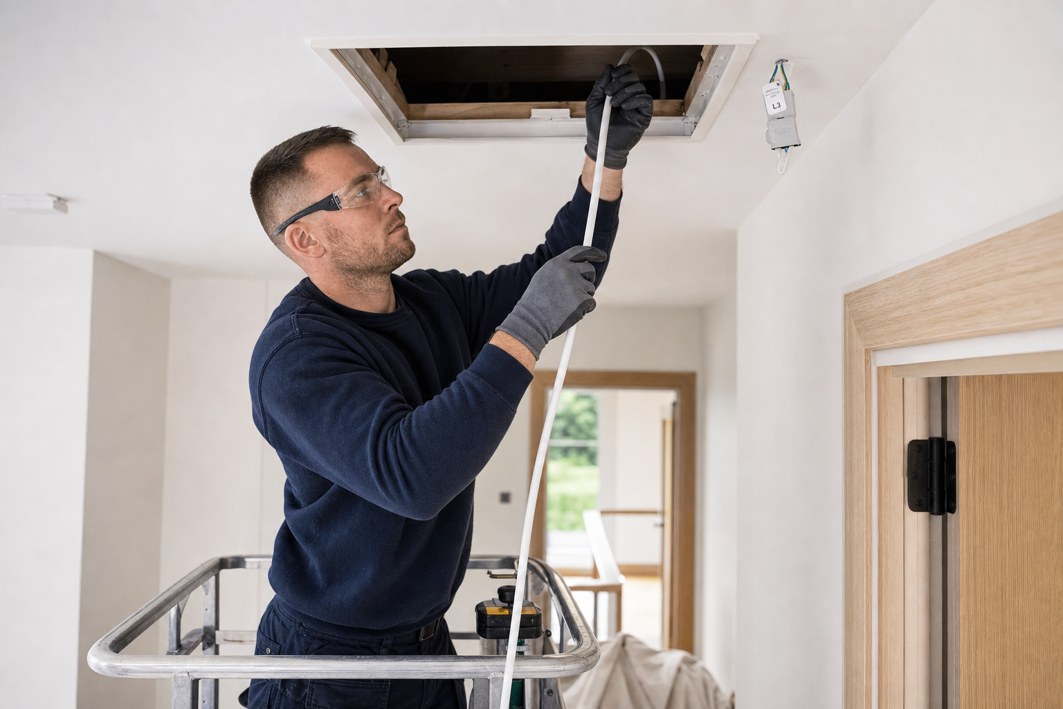 Electrician installing wiring through a ceiling hatch while standing on a platform.
