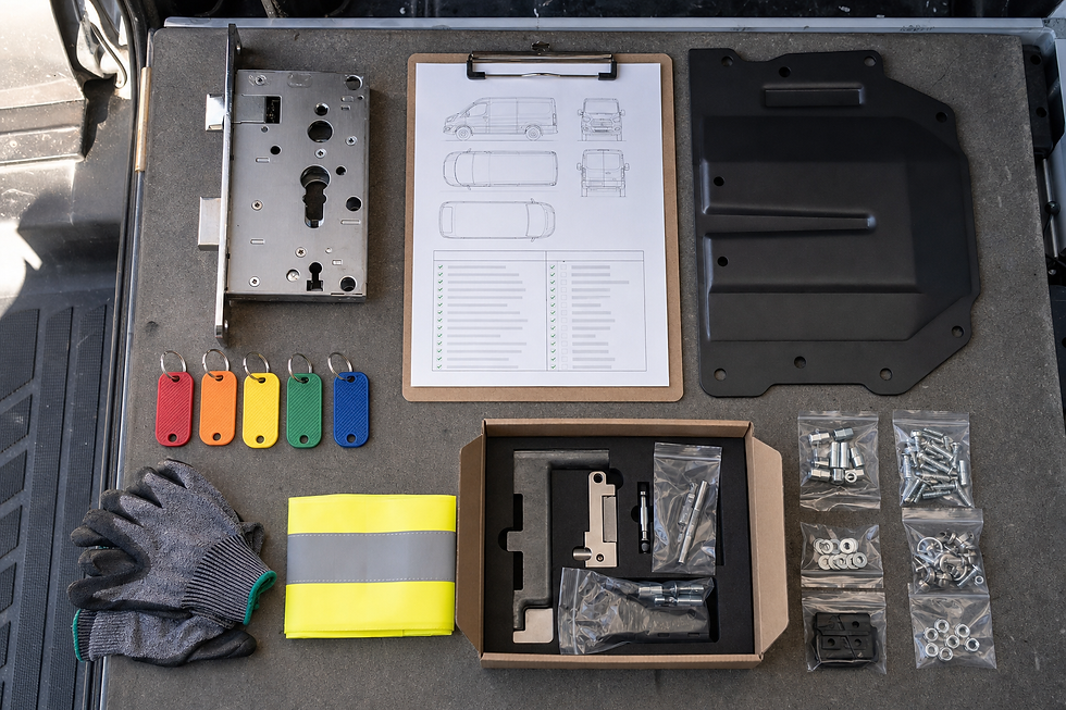 Van security lock installation kit with metal components, keys, instruction clipboard, gloves, and a reflective vest.