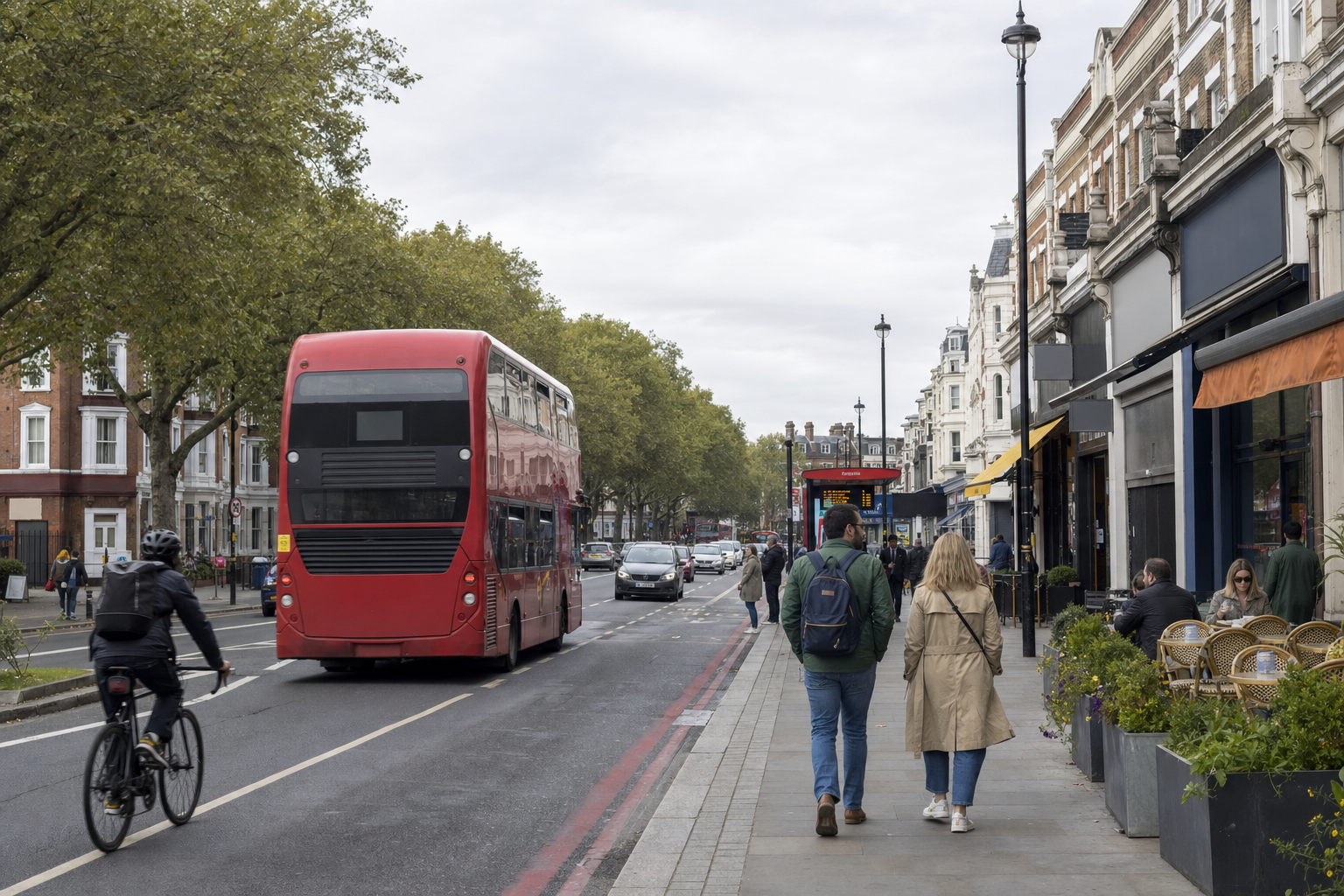 London street scene with a red double-decker bus, cyclist, and pedestrians on a tree-lined road.