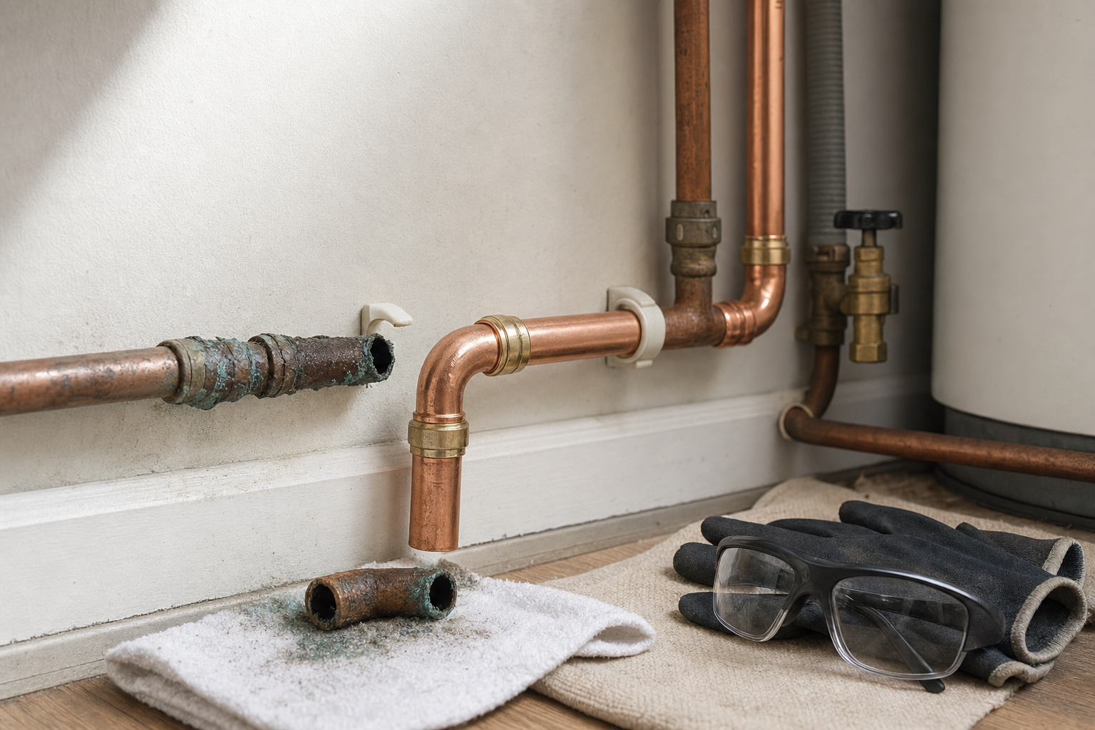 Newly installed copper pipes next to corroded old pipes, with gloves and safety glasses on the floor.