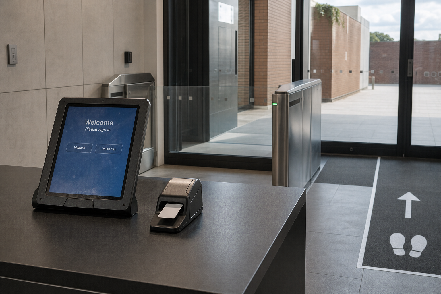 Digital sign-in kiosk at an office entrance with a touchscreen display and a card printer.