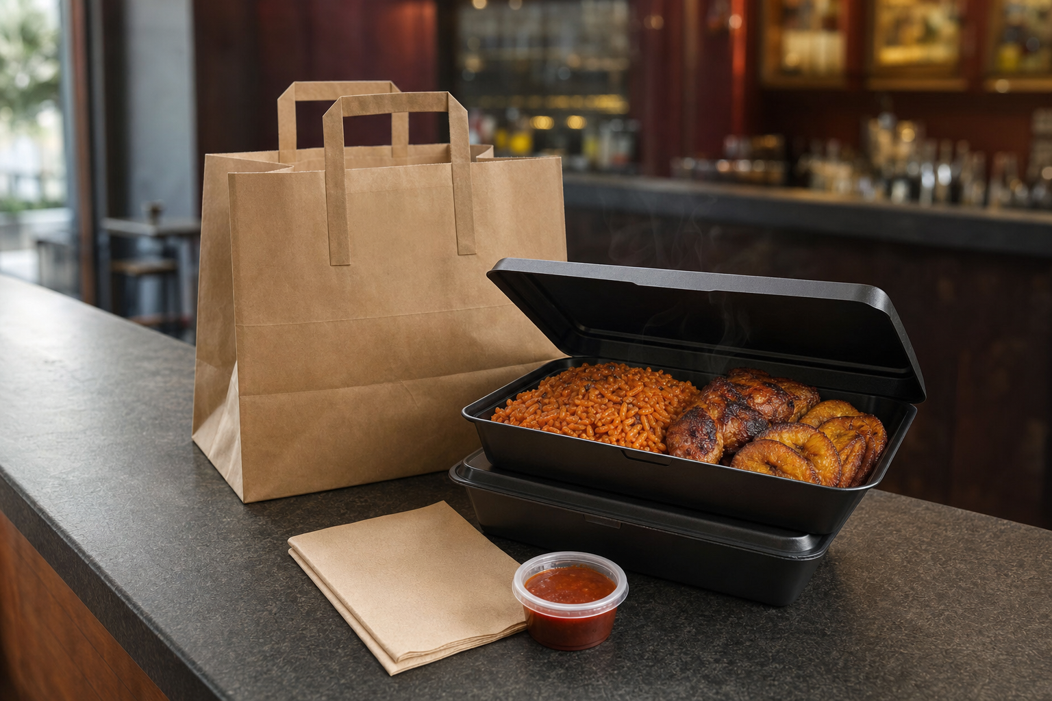 Takeaway container with jollof rice, grilled meat, and fried plantains next to a paper bag and sauce cup on a counter.