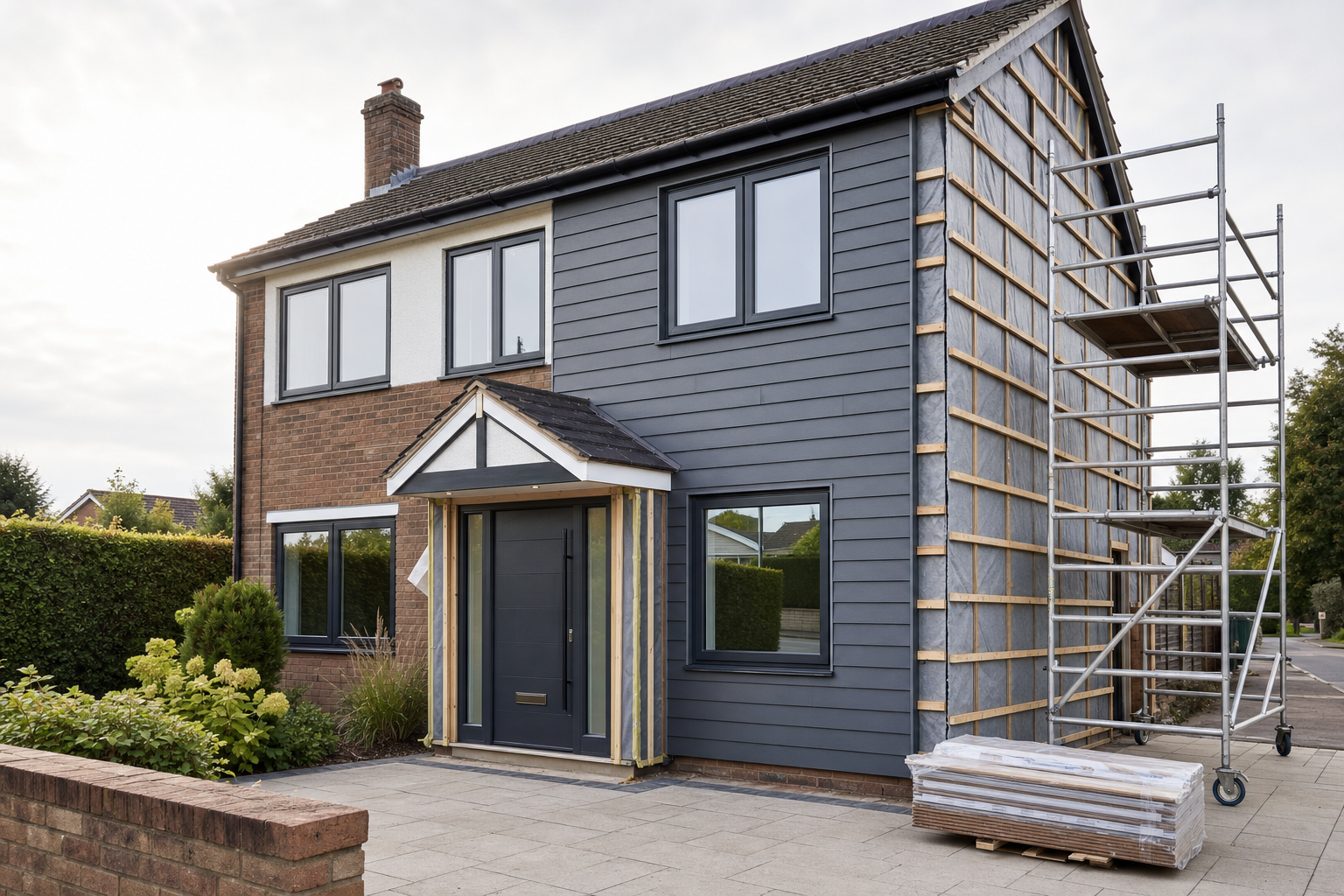 A house undergoing cladding installation with scaffolding on the side and materials stacked on the ground.