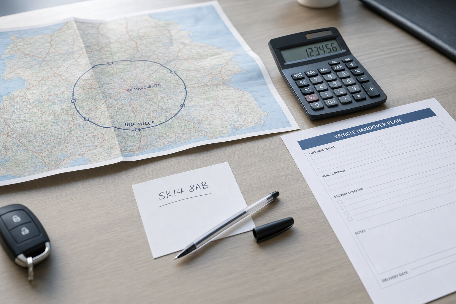 Map centred on Manchester alongside a calculator, car key, pen, address note, and vehicle handover plan on a desk.
