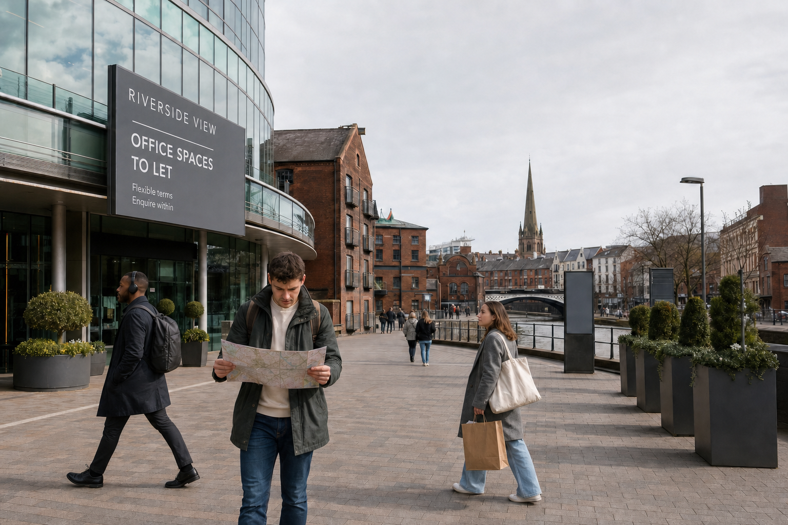A man studies a map outside a modern office building by a riverside walkway with a church spire in the background.