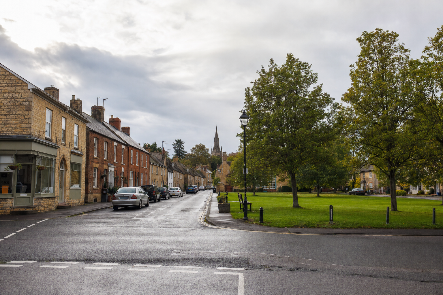 A quiet street in a small town lined with cars and traditional buildings, featuring a distant church spire and green park area.
