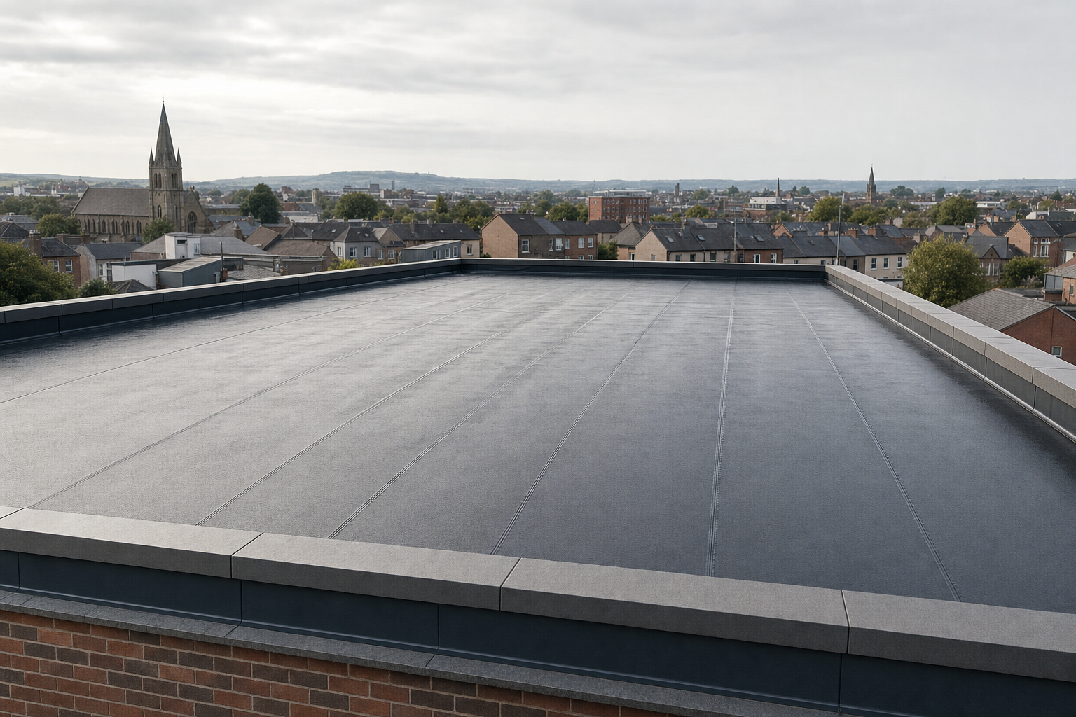 A flat rooftop with panoramic views of a small town and a prominent church spire in the distance.