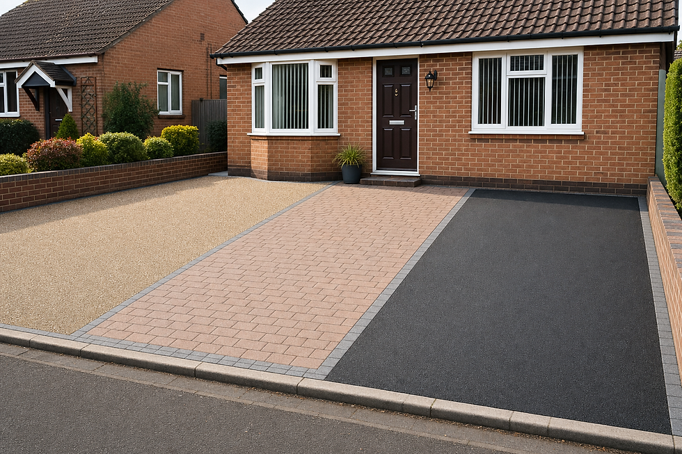 A tidy brick bungalow with a dual-surfaced driveway, featuring light-coloured gravel and dark asphalt paving.