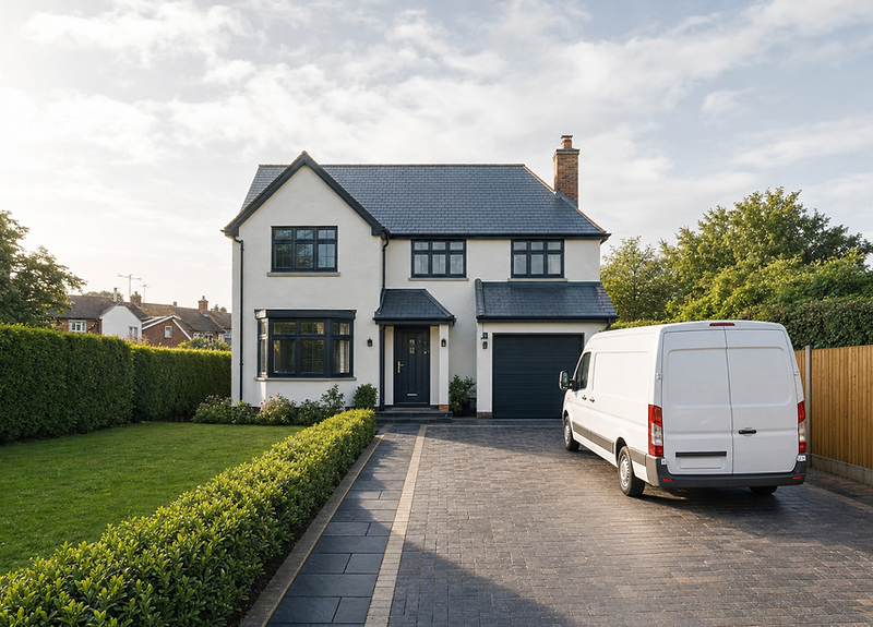 A two-storey house with a white van parked in the driveway and a neatly trimmed hedge.