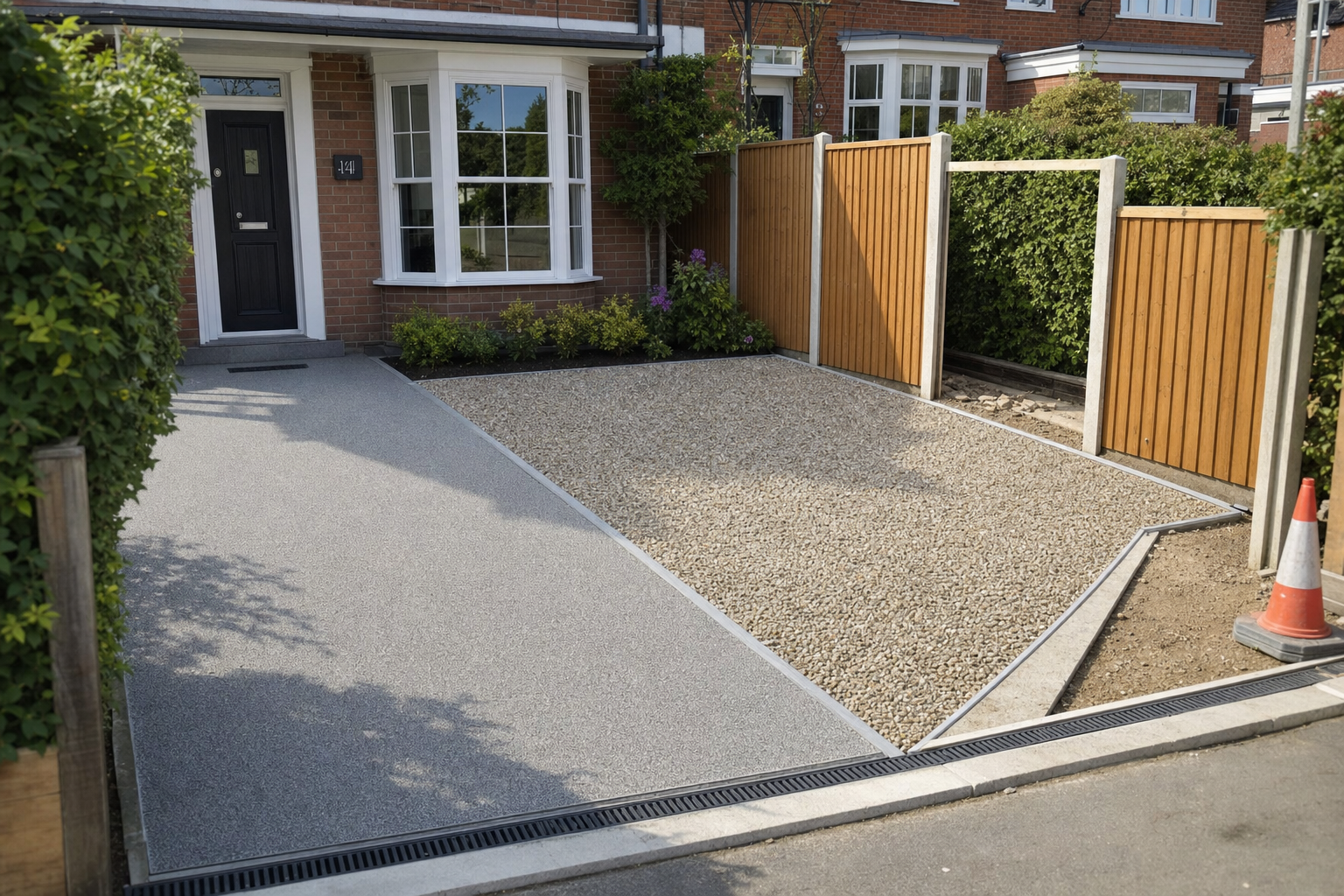 A modern driveway with a resin-bound surface and a gravel section beside a brick house with a bay window.