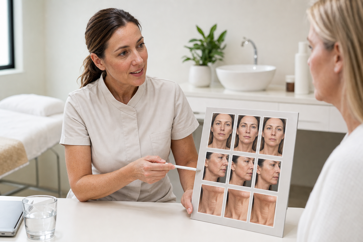 A cosmetic consultant discusses skincare options with a client, pointing to a chart showing facial images.