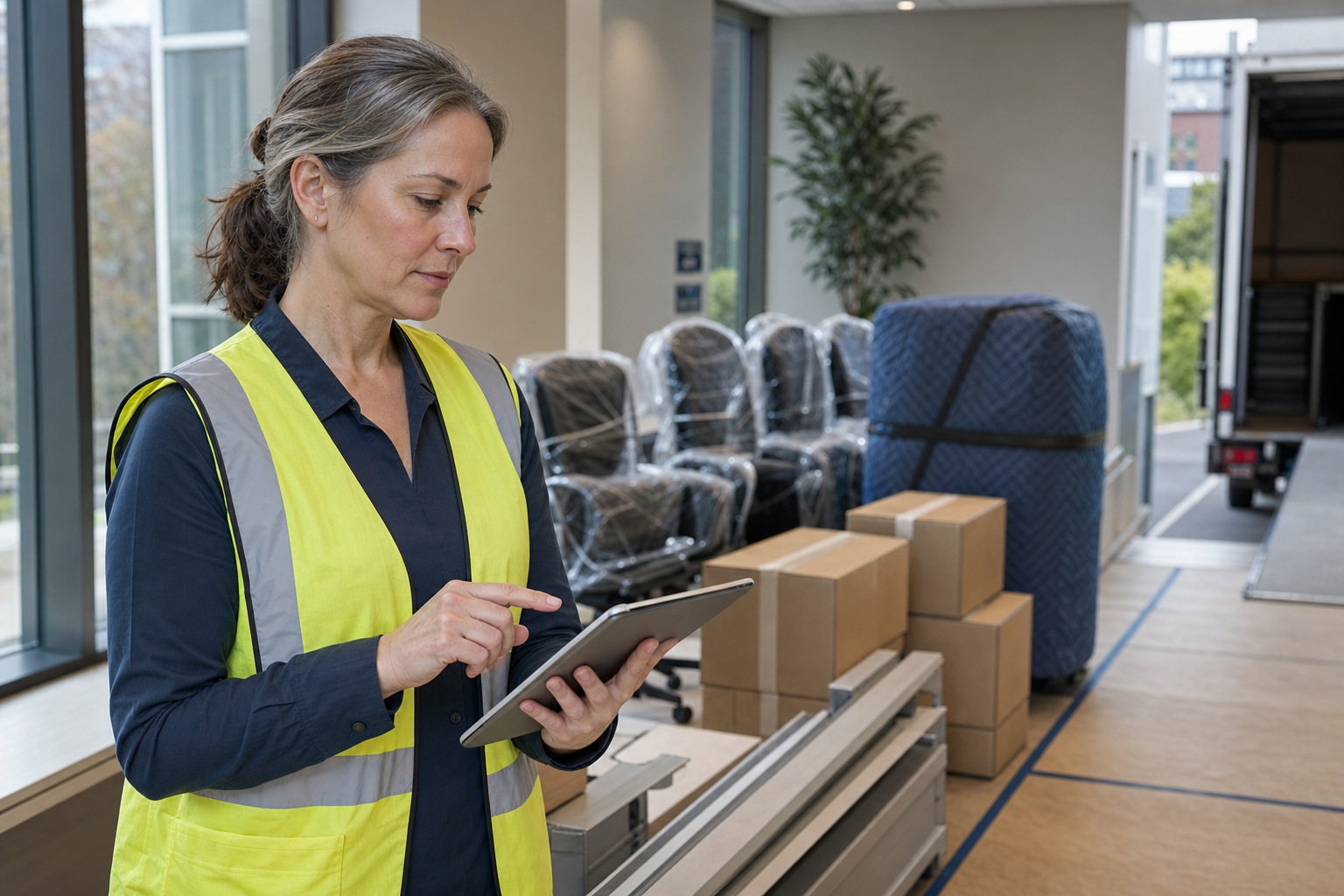 Woman in a high-visibility vest using a tablet while supervising a moving process with boxes and furniture in the background.