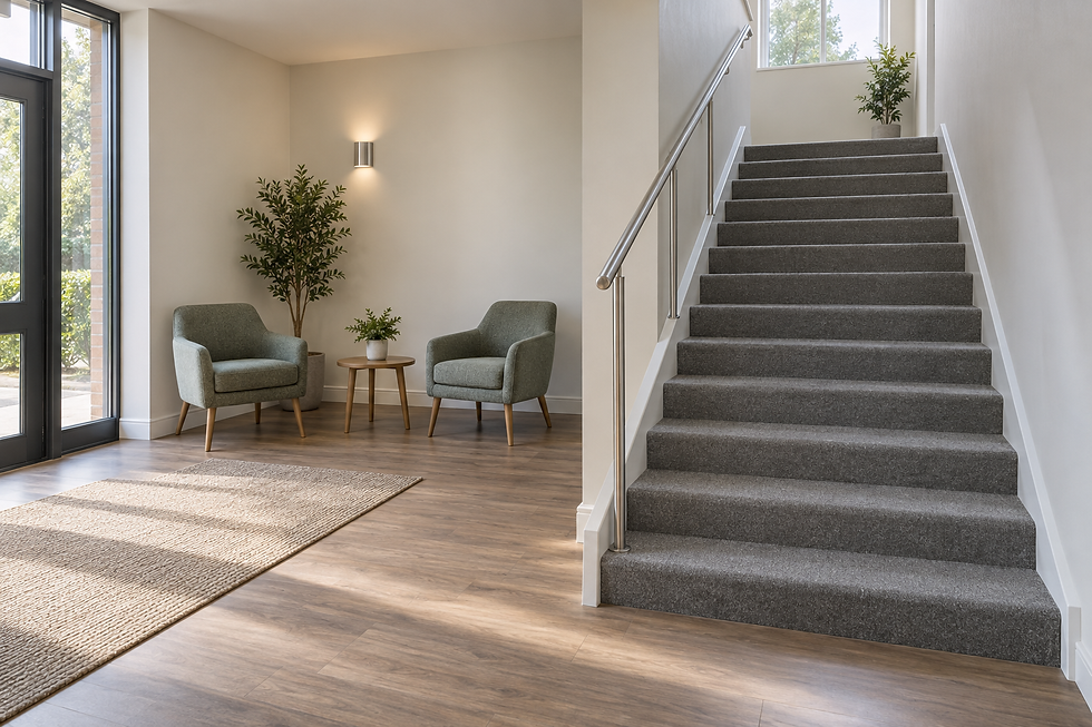 Modern lobby with two green armchairs, a small table, and grey carpeted stairs leading upwards.