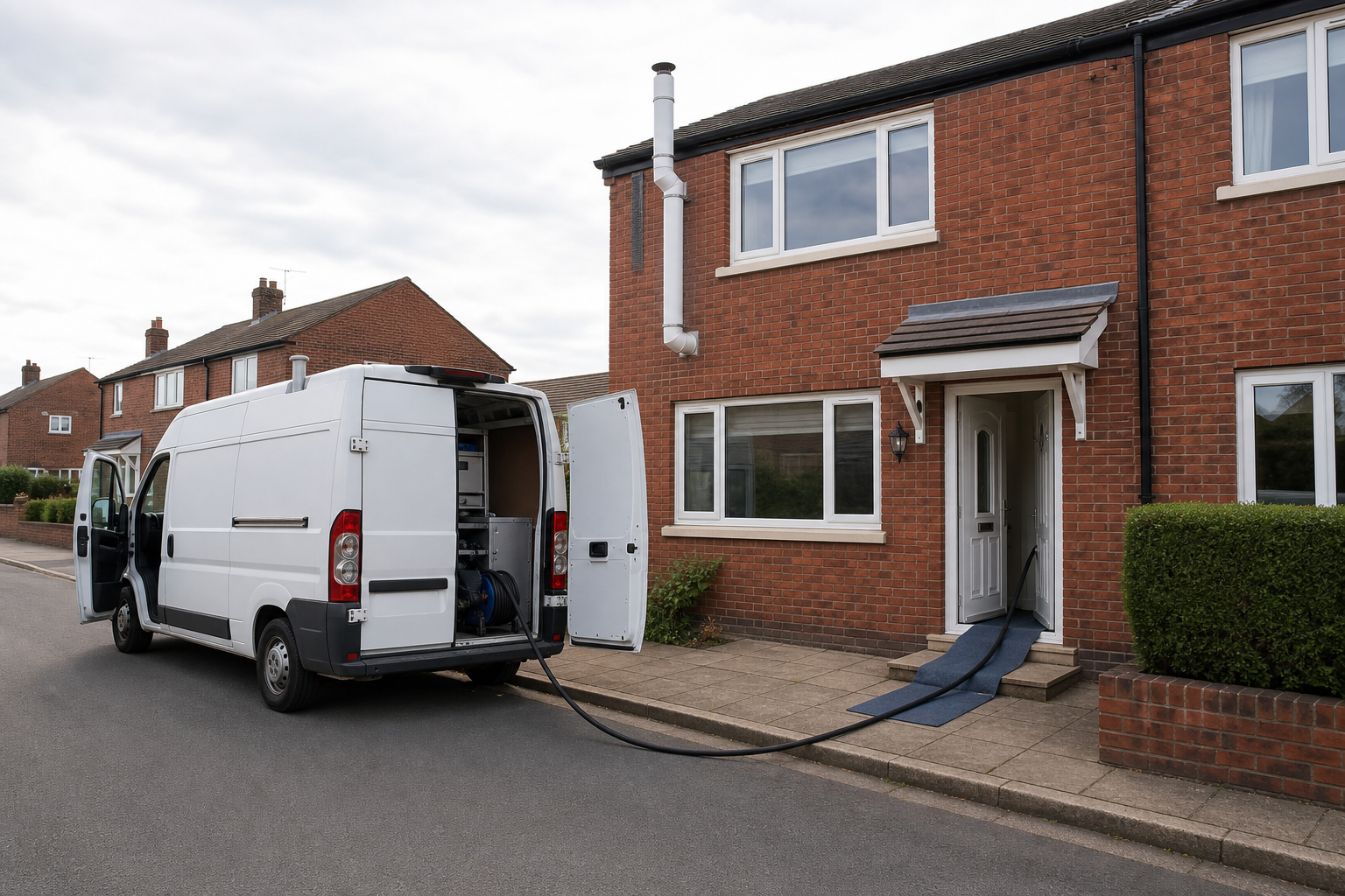 White utility van parked outside a brick house with a hose extending to the front door.