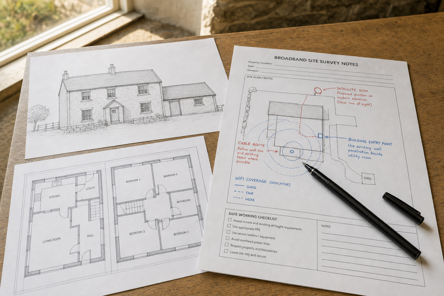 Architectural drawings and broadband site survey notes for a house layout on a wooden desk by a window.