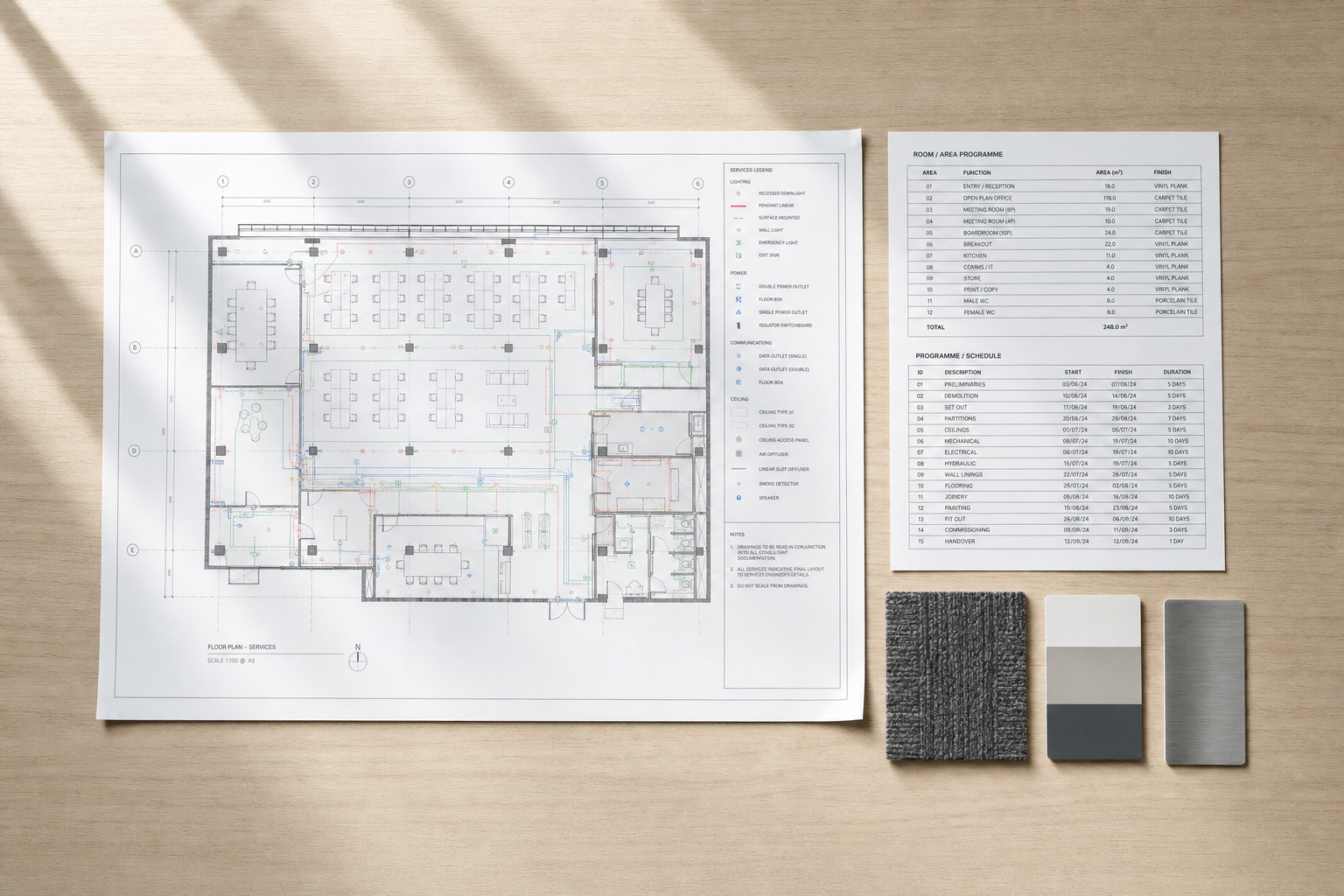 Architectural floor plan with a room schedule and material swatches on a light wood surface.
