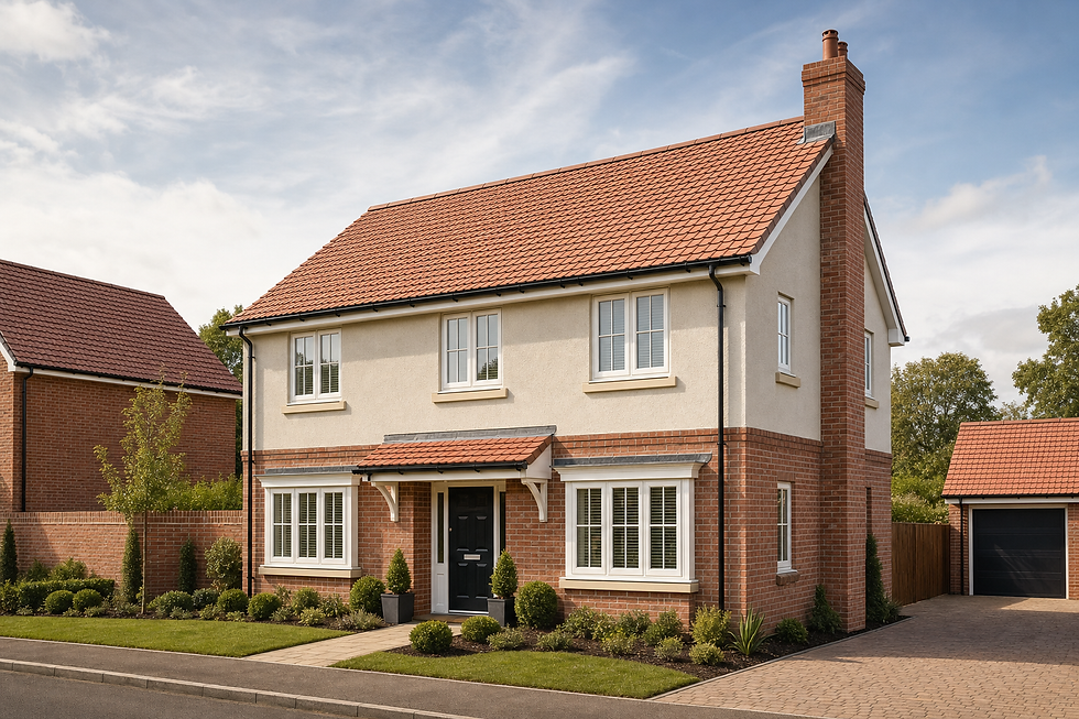 Two-storey detached house with red brick and cream render, front garden, and driveway under a blue sky.