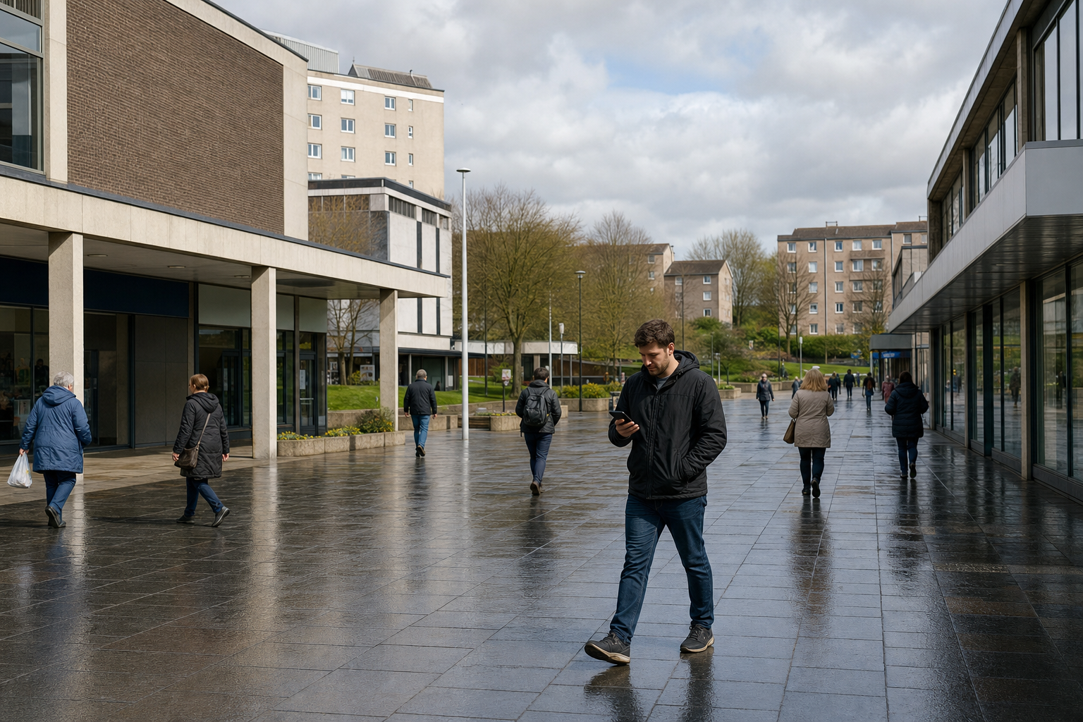 People walking on a wet pavement in a modern urban area under cloudy skies.