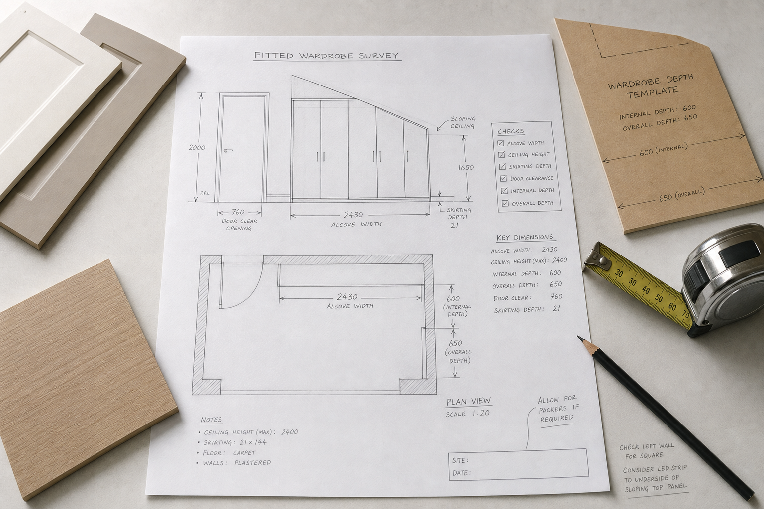 Architectural drawing of a fitted wardrobe with measurements, tape measure, pencil, and wood samples on a table.