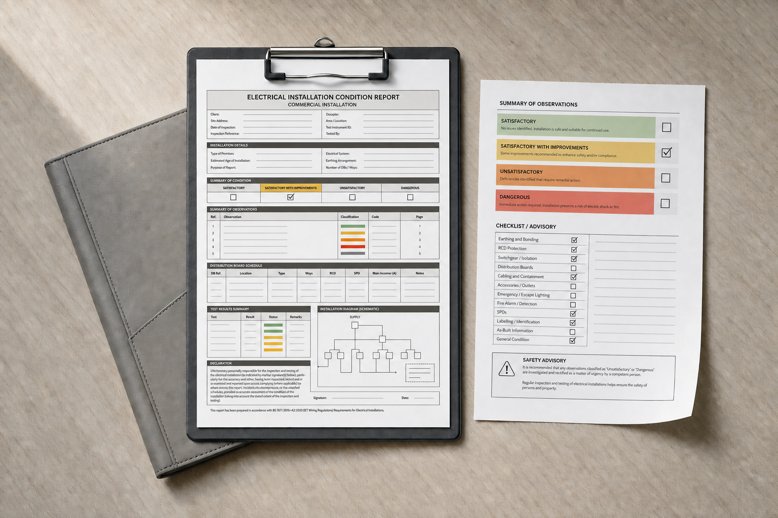 Electrical installation condition report on a clipboard with a colourful summary of observations and checklist beside it.