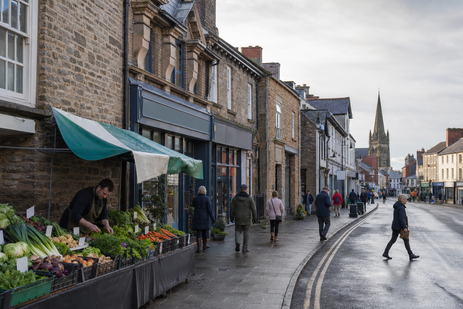 A person arranges vegetables at an outdoor market stall on a bustling British high street with a church spire in the background.