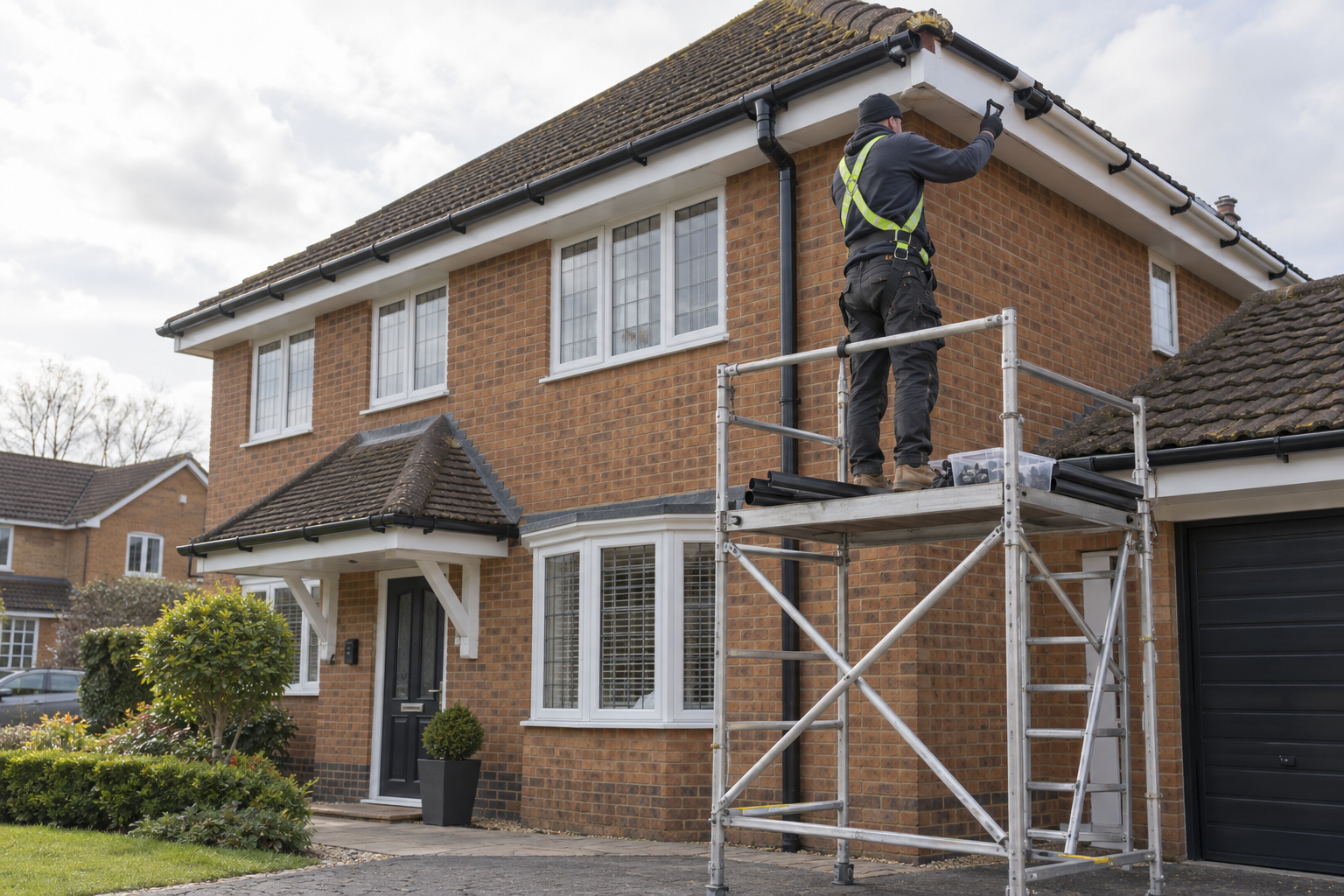 A construction worker in a safety harness repairs the guttering of a two-storey brick house from scaffolding.