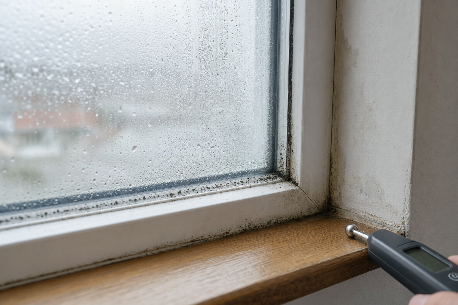 A damp window with condensation and mould, being investigated with a moisture meter.