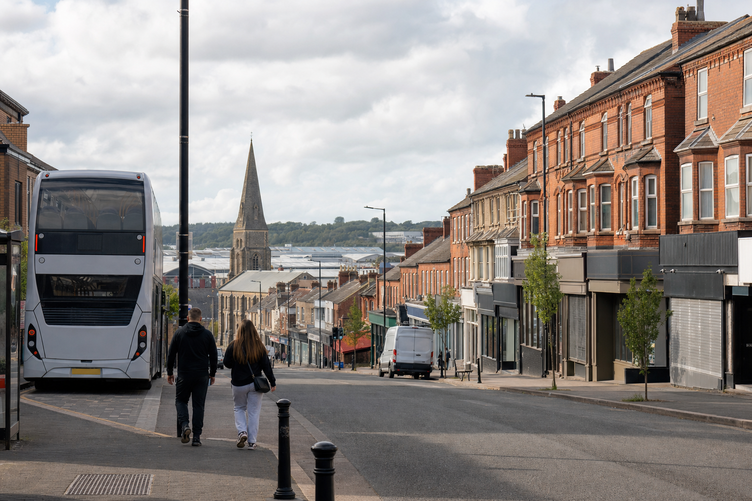 Two people walking down a street lined with brick buildings and a church spire in the distance.