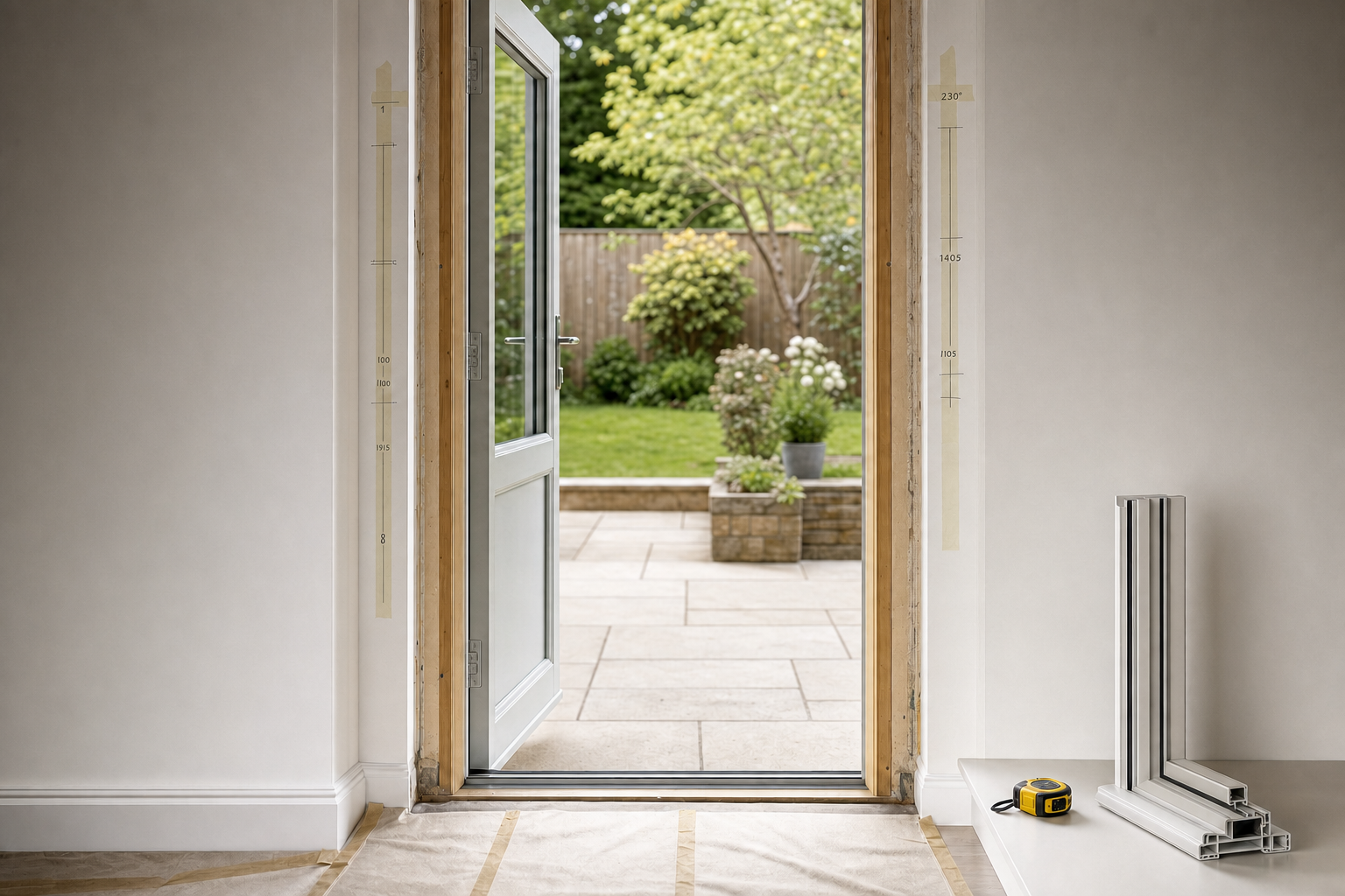 Open patio door overlooking a garden, with construction materials and tape measure on a floor covered with protective sheet.