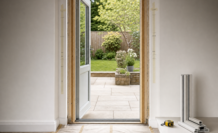 Open patio door overlooking a garden, with construction materials and tape measure on a floor covered with protective sheet.