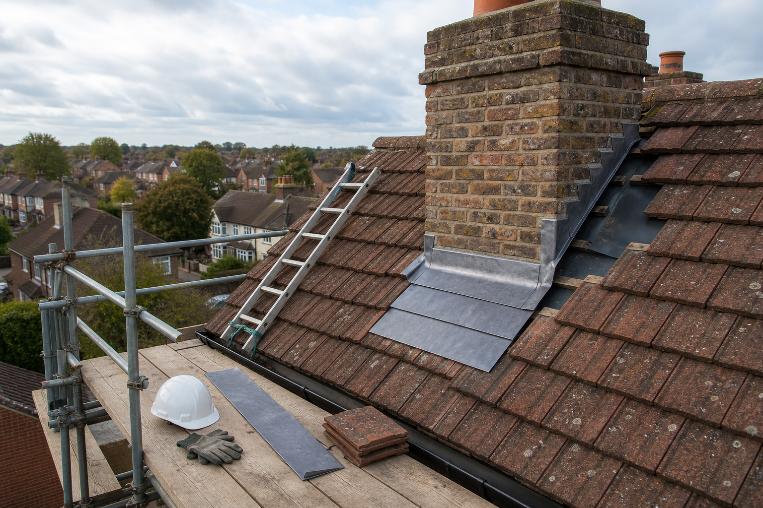 A rooftop with construction tools, a ladder, and protective gear set up alongside a brick chimney under a cloudy sky.