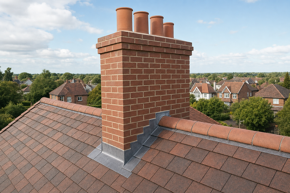 A red brick chimney with four pots atop a tiled roof in a suburban area under a blue sky.